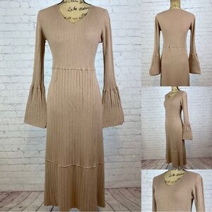 Tea n Rose Light Brown Ribbed Knit Bell Sleeve Sweater Dress